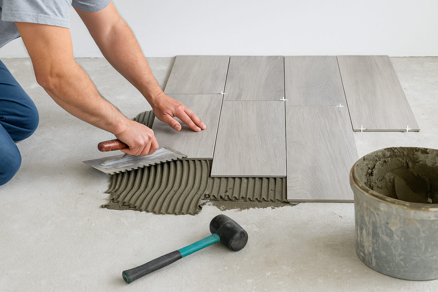 Técnico instalando pisos de porcelanato en Barranquilla